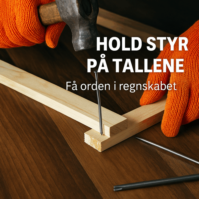 Hænder med orange arbejdshandsker hamrer søm i træ med hammer. Tekst på billedet: "Hold styr på tallene – få orden i regnskabet"